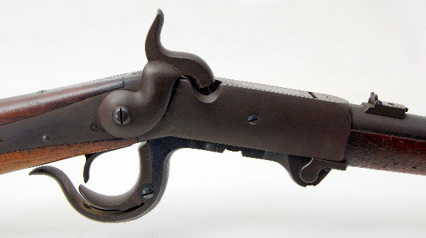 Burnside Carbine, .54 cal: Burnside Carbine, .54 ca., breech-loading, Serial #15693; tang stamped 'Burnside Rifle Co., Providence, RI'; A complete metallic Burnside cartridge and a fired brass cartridge casing included with car