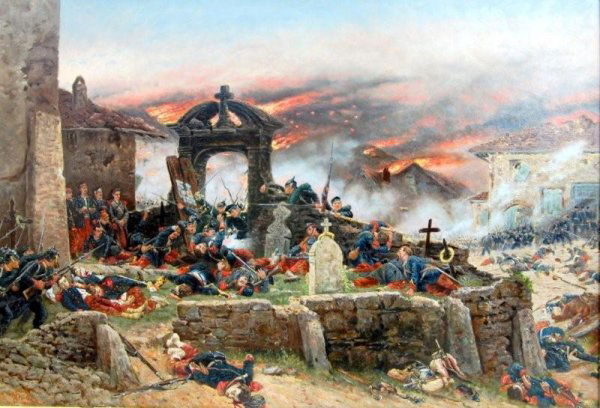 O/B by A. de Neuville, 1881 Battle Scene: O/B by A. de Neuville (French 1851-1941) - Battle Scene, dated 1881. A highly skilled artist of the French school, Alfred Arthur Brunel de Neuville painted primarily animals, still lifes, fruit