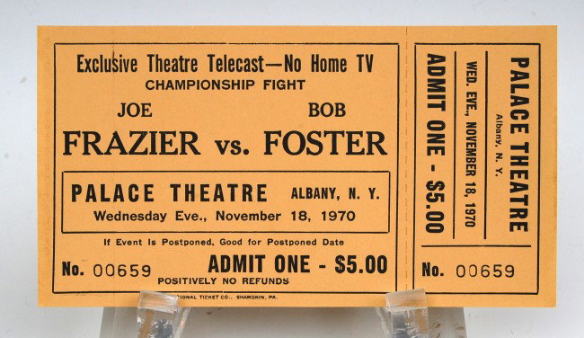 Orig. Event Tickets (4) Joe Frazier & Opponents: Orig. Event Tickets (4) Unused - Joe Frazier & Opponents - 1) Frazier vs Bob Foster, 11-18-70 Palace Theater, Albany, NY; #2) Frazier vs. Ali, 1-28-74, Palace Theater, Albany, NY; #3) Frazier vs. Jerr