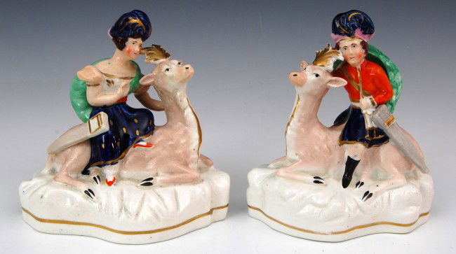 Staffordshire Figures Pr. Deer w/Argonaut Hunters: Staffordshire Figures Pr. Deer with the young Argonaut Hunters Jason & Nell Condition: Excellent Size: 5.75 W x 5.25" H Weight Pair: 1lb 10 oz."