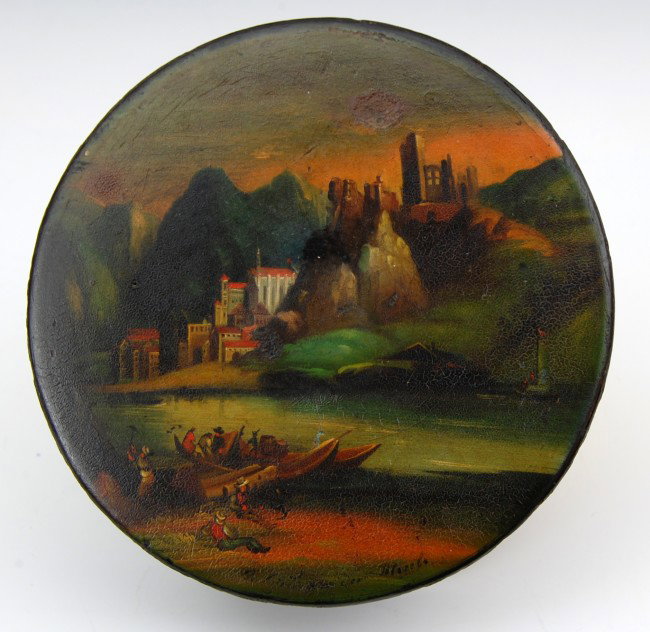 Box-4.5 dia Lacquered N. Ital. landscape, Morelo": Circular mid-19th C lacquered papier mache box, painted with Northern Italian landscape, artist (Morelo) signed along bottom edge; interior factory mark Condition: Good, craquelure to paint surface, t