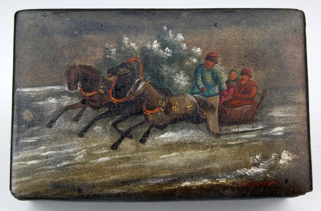 Box, Georgian Russ. Lacquered, Troika Scene: Late 19th Georgian (Russia) lacquered papier mache box, with winter Toika painted on silver foil-backed ground, attributed to Lukutin Factory., Artist signed L. R. Condition: Good, craquelure to paint