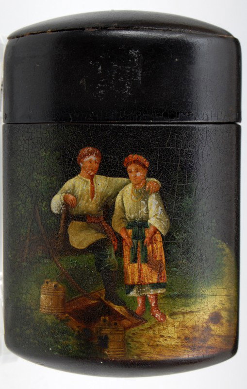Card Case, Ovoid w/peasant courting scene: 19th C Russian lacquered ovoid card case, decorated with romantic peasant courting scene Condition: VG, craquelure to paint surface; minor wear to paint surface; silver ground showing through Size: 4 