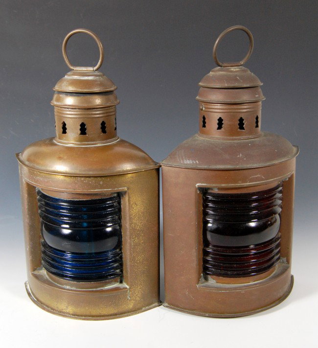 Pair Perko Lanterns with burners and brackets: Pair of Perko Lanterns marked Perkins Marine Lamp & Hardware Corp. and Perko within a logo, also marked Brooklyn, NY, USA. Condition: Unpolished, one burner missing its screw top. Size: Height 10.5 w/