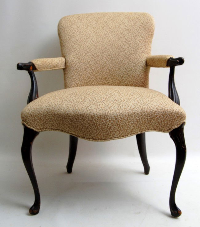 Arm Chair, Amer. in Fr. Provincial style, c 1900: Arm Chair, American in French Provincial style, c 1900. Condition: one loose arm support; minor discoloration to a dime-sized spot in upholstery; and a well done repair to other arm Size: 34.5 H X 28"