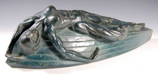 Bronze Lifeboat" by Boris Blai, 1893-1985": Bronze sculpture of a reclining nude lying on a longboat by Boris Blai, Russo/American, 1893-1985. Studied: Kiev Royal Academy, Royal St. Petersburg Academy of Fine Arts, Royal Academy Fine Arts, Muni
