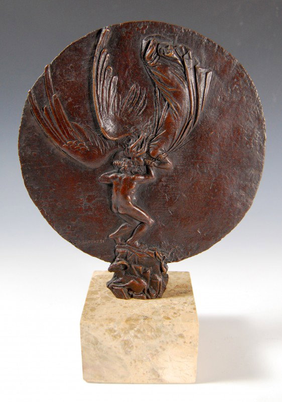 Bronze, Message from an Angel", Bruno Lucchesi": Bronze relief, medallion type, mounted on a stone base and signed by the artist Bruno Lucchesi, Italian/American born 1926. Condition: excellent Size: Height 10.5, Width 7.25" Depth 3.5"" Weight: 7 po
