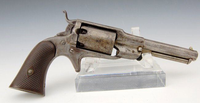 Pistol, Remington, 3rd Model, Serial #266: Pistol, Remington, 3rd Model, Serial #266 - Condition: worn, some dings; sticky firing mechanism; a 1/2 check on the bottom of one of the grips. Size Length of Barrel: 4"; Length Overall 8"" Weight: 1