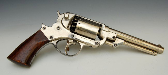 Pistol, by Starr, Patent 1858: Pistol, by Starr, Patent 1858 - Percussion pistol, nickel plated; walnut grips; marked 'Starr's Patent Jan. 15. 1856' and on opposite side 'Starr .Arms. Co. New York.'; Serial # 1067; Condition: Excel