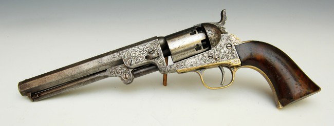Pistol, Colt 1849 Young Engraved Serial #114066: Pistol, Colt 1849 Young Engraved - Gustave Young, Engraver - Serial #114066; brass trigger guard & back strap, remnants of original silver remaining. Marked on the top of the barrel 'Address Col. Saml