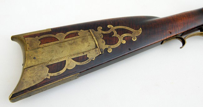 Rifle, Kentucky, signed LB: Rifle, Kentucky, signed LB - Mule ear percussion - tiger maple stock; brass patch box; silver escutcheon with owner's initials 'JHE'; crescent moon inlay; bras hardware. Condition: VG Size: Barrel Len