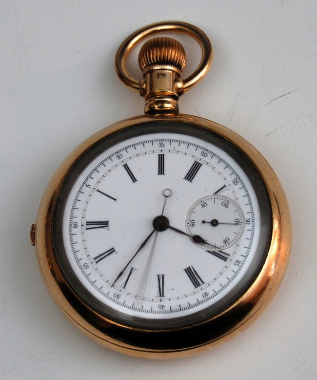 Chronograph 20-jewel pckt watch B. Baillot: Chronograph 20-jewel, 20-year, gold-filled case pocket watch signed by Barbezat Baillot. Inside case marked 'Guaranteed 20 years, Philadelphia Watch Case Company, Serial No. 8674837'. (and maker's sig