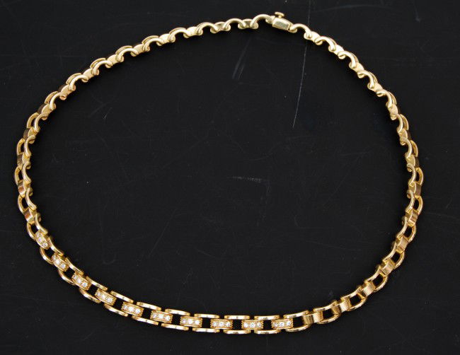 Necklace-14 link, s. Mauboussin Paris 0870": Necklace-14 handmade link, s. Mauboussin Paris 0870. Ten links in center of overall 14" length set with 3 r.b.c. diamonds in each, weighing approx .02 ct each. Total diamond weight approx 1.0 ct. Clar