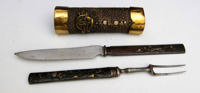 Truce Set (Fork & Knife) Brass, Bronze: Truce Set (Fork & Knife) Brass, Bronze - Japanese, sharkskin covered wood handle with brass mounts; bronze handles on utensils Condition: VG Size: 9 L" Weight: 4.8 oz