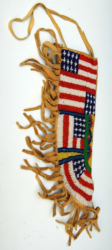 Knife Sheath, Indian Beadwork: Knife Case, Indian Beadwork - Large Sioux seed beaded knife sheath, with native hide and fringes; American flag motif Condition: Excellent Size: 11 L" Weight: 4.5oz