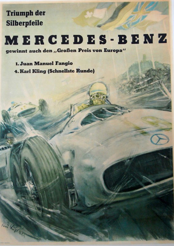 Lithograph Poster-H.Liska Mercedes Benz #1: Lithograph Poster laid on paper with linen backing -by Hans Liska (1907-1984) Mercedes Benz - Grosse Preis #1 - 'Triumph der Silberfeile' Mercedes Grand Prix 1954 Offset Color Poster Condition: Paper