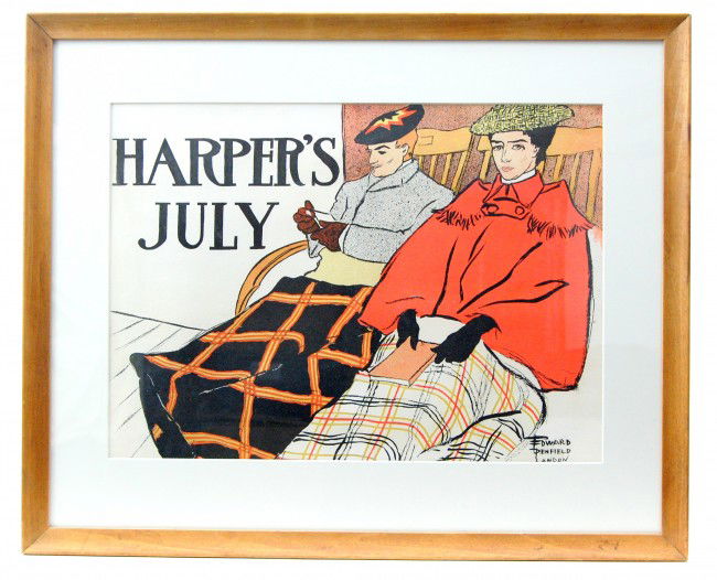 1482 Lithographic Poster E. Penfield: Harper's July Lithographic Poster by Edward Penfield (1866-1925), entitled 'Harper's July' 1897. Lithographic Poster of a Couple on Deck Chairs aboard an Ocean Liner. Size: 14 x 19 1/8 inches Conditio