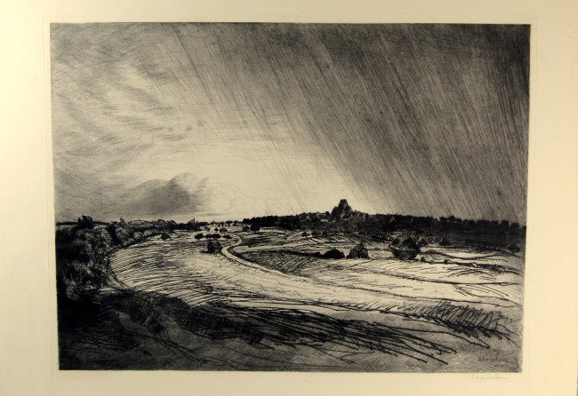 Etching, Storm by Theophile-A Steinlen: Etching, Storm in a French Country Landscape by Theophile-Alexandre Steinlen, (1859-1923), Swiss/French. Number 62/75 - Hand pencil signed on mat and pencil entitled 'O'rage Ourdinnanche' (Thunderstor