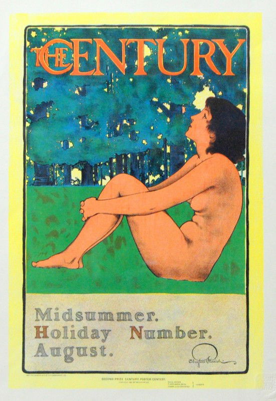 Lithographic Poster, Maxfield Parrish 'Midsummer: Lithographic Poster by Maxfield Parrish (1870-1966) 'Midsummer Holiday, August 1897), Publisher Thomas & Wylie This is is a lithographic Maitre de LAffiche of the full-size poster "Midsumer Holiday"."