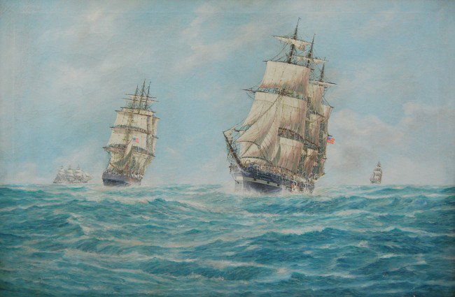 O/C by J. Arnold 'Yankee Whalers', c. 1950: O/C by J. Arnold 'Yankee Whalers', c. 1950 - AKA John 'Popeye' Arnold, titled on the canvas & signed by J. Arnold. Active mid-20th C, Baltimore. Depicts four whalers on the ocean, the largest the whal