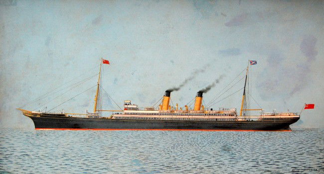 O/B SS Oceana" by Antonio Jacobsen, 1850-1921": Oil on board backed by masonite portrait of the Steamship Oceana" signed Antonio Jacobsen and dated 1913. From 1911 to 1916, encompassing the date of this portrait, "Oceana" was owned by the Bermuda N