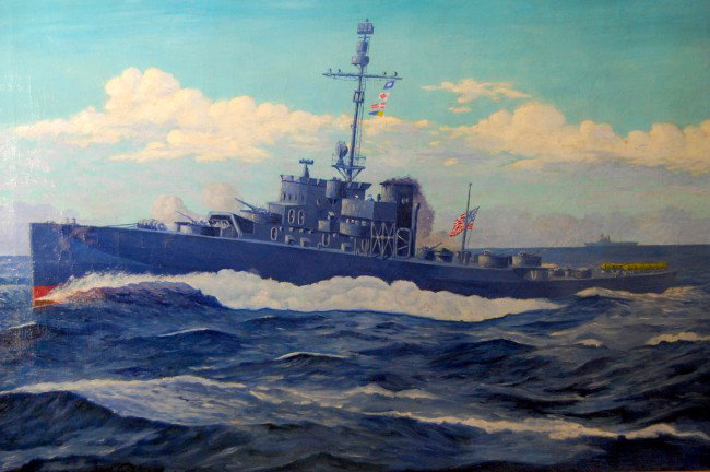 O/C Destroyer Escort by Anton Otto Fischer: Portrait of the a WWII destroyer escort by Anton Otto Fischer, German/American 1882-1962. Marine artist and illustrator for Saturday Evening Post and other magazines and books. Condition: Lined, scatt