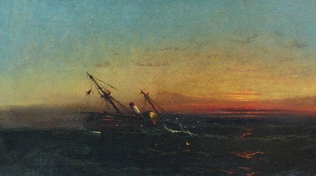 O/C Sidewheel Steamship by James Hamilton, c 1870: o/c Sidewheel Steamship by James Hamilton, (Irish-American 1819-1878) c 1870, partial, illegible signature. The sidewheeler is under steam power with sunset lighting, partial Philadelphia label remain