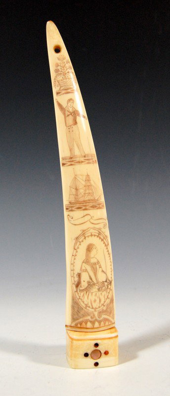 Engraved walrus tusk tip on walrus mount: Highly polished and delicately engraved walrus tusk tip on a mount also constructed of walrus. profusely engraved with scenes on one side depicting a waiting seated woman, a brigantine, a sailor with 