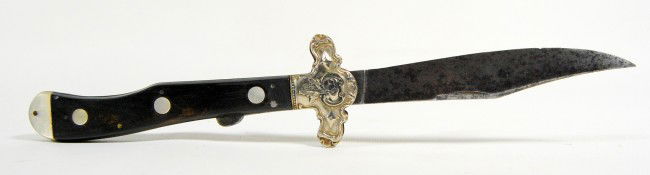 Knife, folding, silver, ebony, Hobson Bros.: Knife, folding, fancy silver guard, Macassar ebony handle with mother of pearl inlays and tips and brass liners. Tang marked Hobson Brothers, mid 19th century. Condition: Very good, some minor pitting