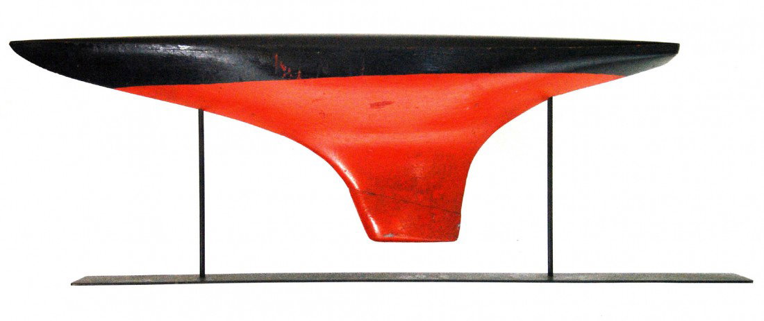 Pond Model, Hull Only, Red/Black Pond Model, Hull : Pond Model, Hull Only, Red/Black & black iron stand - Size Stand: 31" L x 3" W Size Hull: 30.25" L x 9" H X 6.25" W Overall Size Hull on Stand: 35" L X 11 3/16" H Weight: 8 lbs 5 oz Condition: some pa