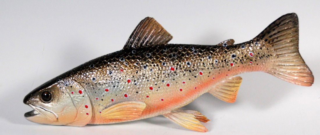 Wall Hanging Carving, Brown Trout, Hank George: Brown Trout with glass eye, carved pine and authentically paint decorated. Titled 'Brown Trout SXU', signed by the artist, Hank R. George, and marked CI (Catalina Islands, California) (19) 99. Hank Ge