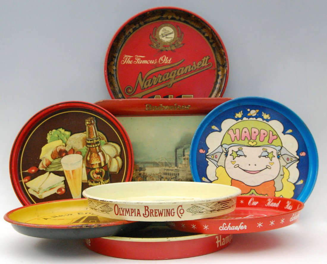 (8) Beer Trays, Some desirable rarities, Peter Max: (8) Beer Trays, Bud, Schaefer, Olympia, c.30's (8) Beer Trays, Collection - Size: Smallest: 12.75" Diameter Size: Largest: 12.75" H X 17.5" W #1) Budweiser-King of Bottled Beer - St. Louis Levee in Ea