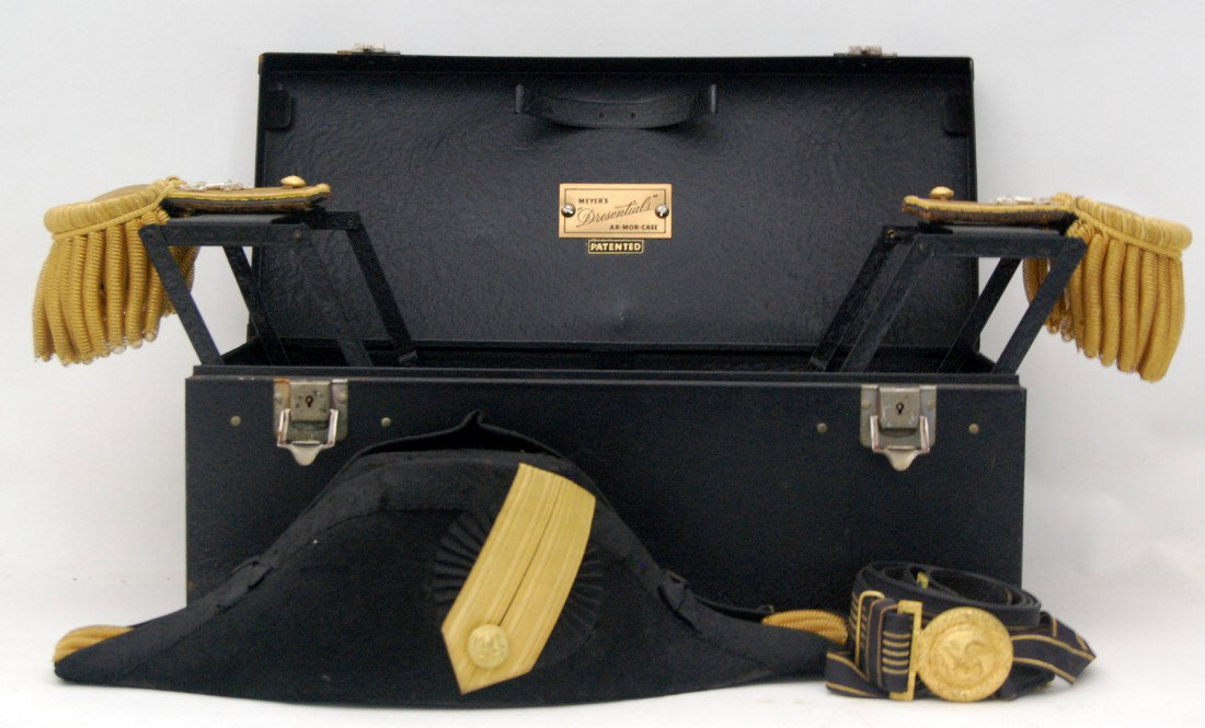 Epaulettes & Hat, WWII Naval: Epaulettes & Hat, WWII Naval - Cased in a custom black, metal box. (see images) Made by Meyer's "Dresentials" Ar-Mor-Case, Patented. Meyers were military uniform makers in New York. Consists of the ha