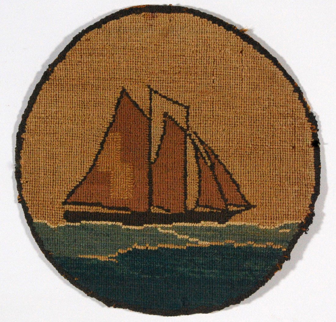 Grenfell mat, Schooner Grenfell Labrador Industrie: Grenfell Labrador Industries mat depicting a two masted schooner with red sails and black hull sailing on a blue sea. Retains the original label (See Image). C. 1920. Size:10 1/4" D Weight: 2oz Condit