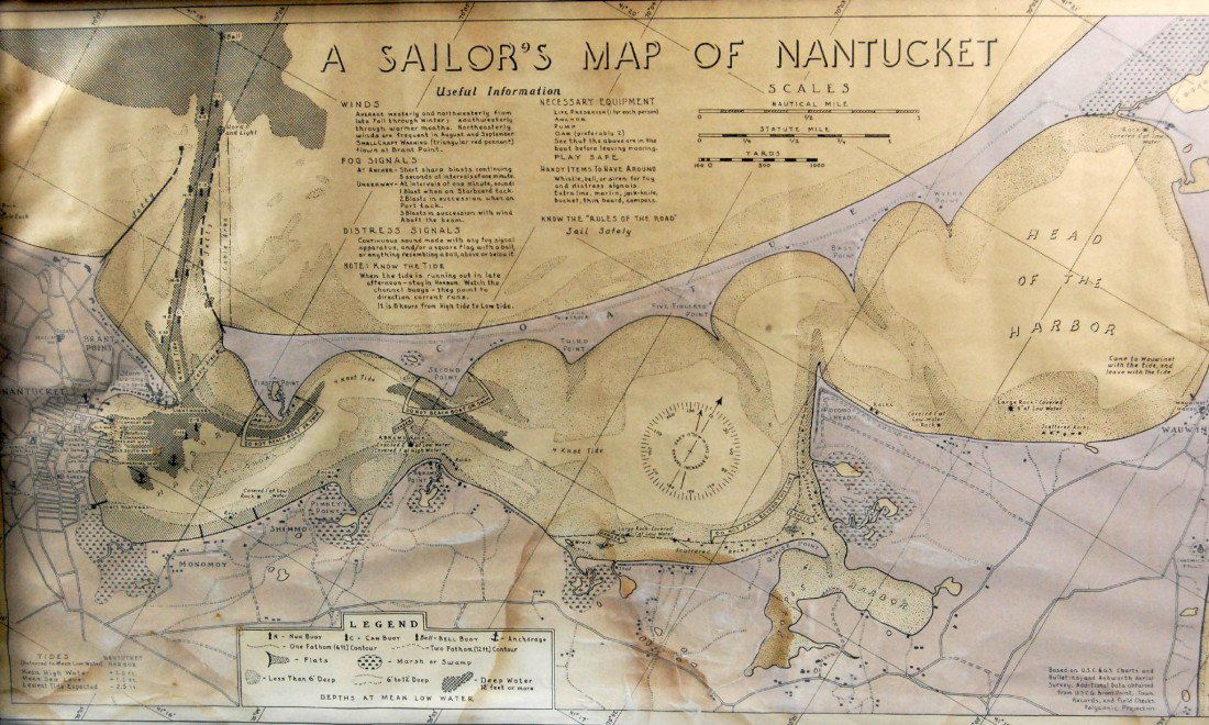 Map "A Sailor's Map of Nantucket" 1945, J. Newton: Map "A Sailor's Map of Nantucket" 1945 - includes informational paragraphs on Winds, Fog Signals, Distress Signals, Tides, Necessary Equipment, & Handy Items to Have Around. Copyright 1945 by J. Newto