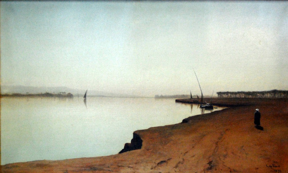 O/C Lockwood DeForrest, Coastal Scene, 1877 Oil on: Oil on canvas by Lockwood DeForrest, American, 1850-1932. Luminous coastal scene with a lone figure in Eastern garb, a Mediterranean tartan and a few dinghies. Signed and dated 1877. Housed in a molde