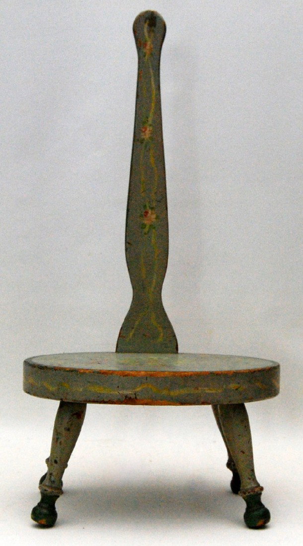 Child's Foot Stool, Painted Green w/floral decor.: Child's stool constructde of pine with turned splayed legs and an extended handle for easy movement. Handle is rabbeted into the step and fastned with screws. Size: 10.25" H x 11" L Weight: 2lb 2.4oz 