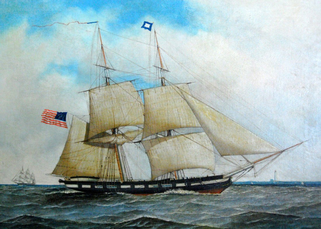 A. Jacobsen, Naval Brig, Niagara?, 1894: A. Jacobsen, Naval Brig, Niagara?, 1894 Oil on canvas by Antonio Jacobsen(Danish/American,1850-1921), dated 1894. Portrait of what looks much like the brig "Niagara" of Perry's Lake Erie Victory. Nine