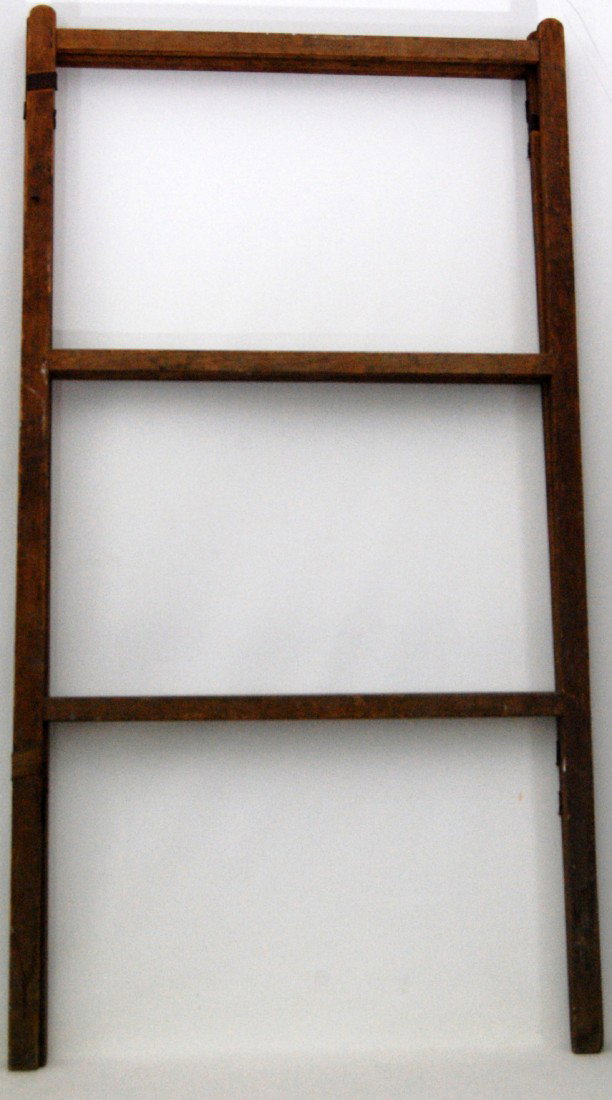 Drying Rack, 19th c. Pine drying rack constructed : Pine drying rack constructed using mortise and tenon joinery and cloth hinges. 19th century American. Size: 60" H x 32" W Weight: 7lbs Condition: Very good, two cloth hinges replaced at top