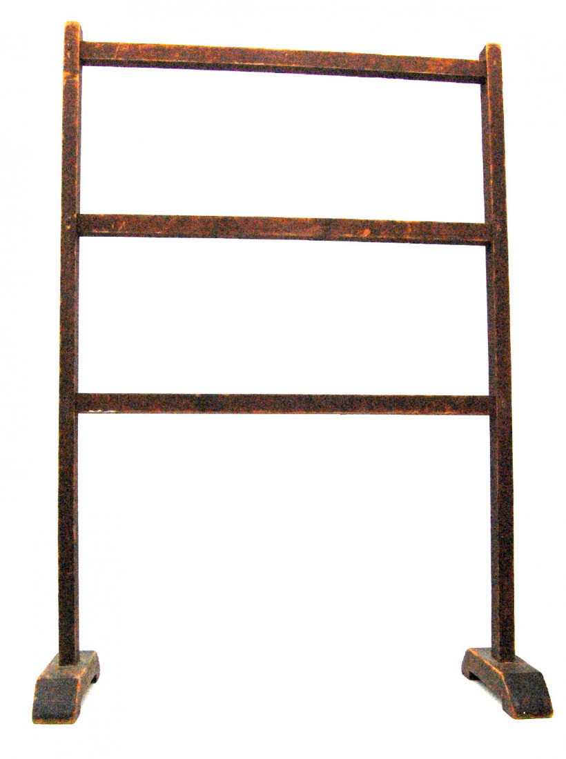 Drying Rack, 19th c. Drying rack, 3 bars with brac: Drying rack, 3 bars with bracket feet carved from one piece pine. The bars mortised through to the upright support rails and fixed with wooden square pegs. The feet mortised to accept tenons of the up