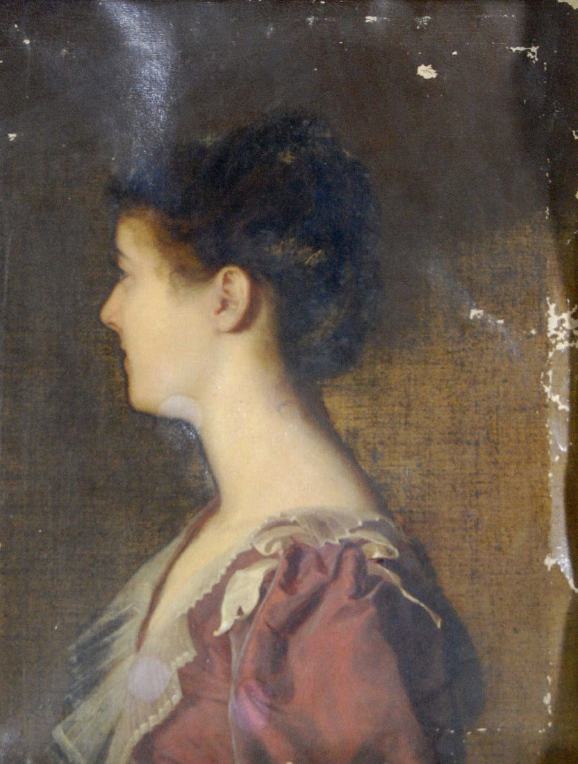 O/C Portrait of Woman, O'Hara? Oil on canvas, prof: Oil on canvas, profile portrait of a woman in a purple dress with white lace, titled and signed verso, O'Hara? somewhat illegible. Circa 1890 and presented in a later 3 part gold colored frame with mi