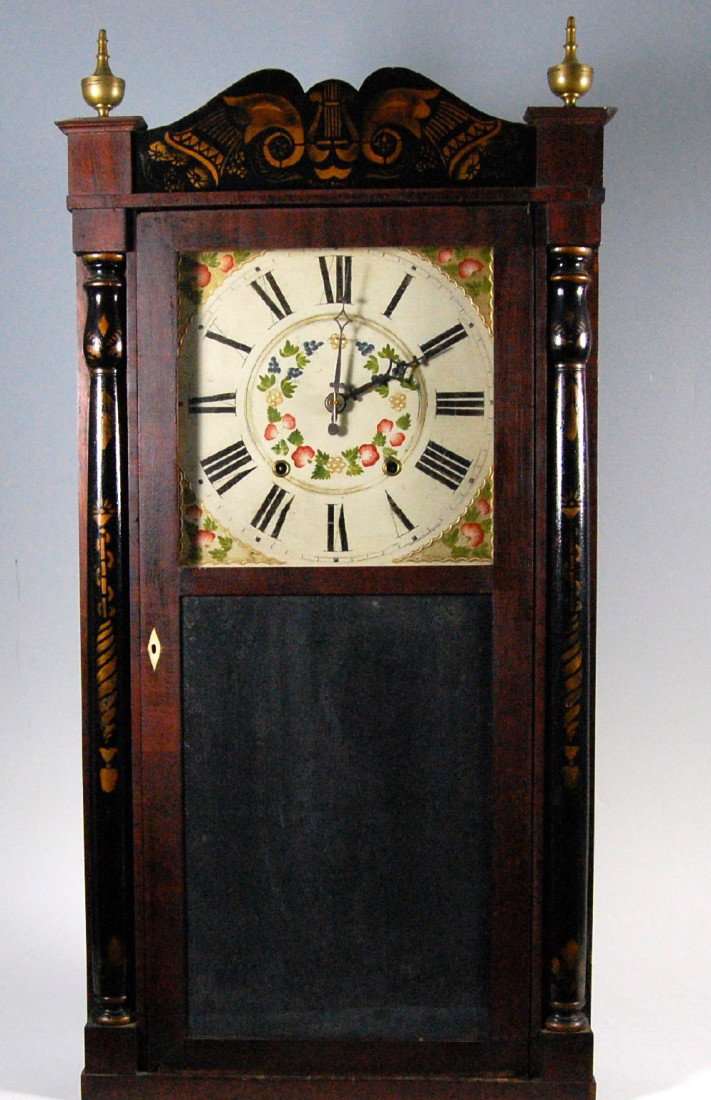 Shelf Clock, Pratt & Frost , 1832-5: Shelf Clock, Pratt & Frost , 1832-5 Shelf Clock with partial label of Pratt & Frost (see history below). Case of pine with mahogany veneers, ebonized and stenciled columns and crest with painted face.