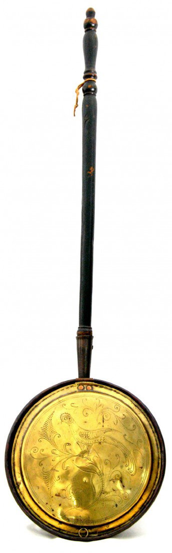 Period Bed Warmer w/ painted handle.: Bed warmer constructed of a spun copper pan and brass lid engraved with decoration of a pea hen, fern leaves and other scrollwork. Green painted birch handle with soft feel turnings indicating a tread