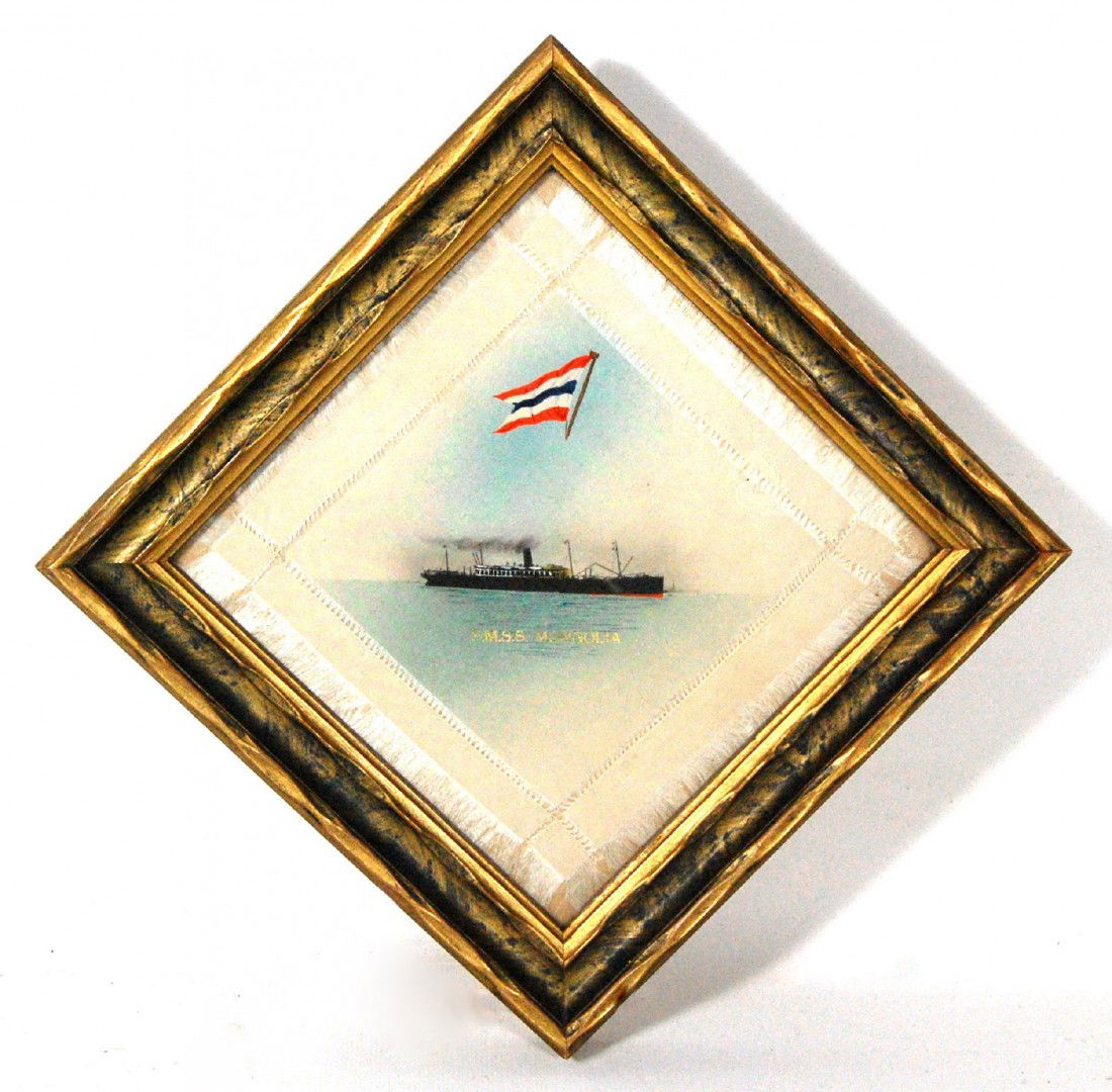 Silk Handkerchief, P. M. S. S. "Mongolia" Portrait: Portrait of the Pacific Mail Steam Ship Co.'s " Mongolia" printed on a silk handkerchief as a souvenir. Titled in the water in gold with the Company flag above and housed in a frame in gold with faux