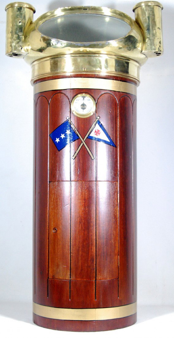 Binnacle w/Compass, c. 1900 Decorative binnacle wi: Decorative binnacle with working compass made by Hand, Philadelphia, mounted in mushroom shaped brass head with original glass and burner housings, Hutchinson compensating dial, Boston. The whole moun