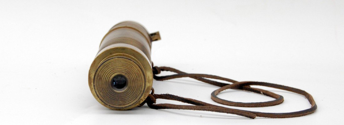 Telescope/Compass, 3-draw, Lawrence & Mayo, 32": 3 draw Telescope, 11", marked Lawrence & Mayo - London No. 1385; hinged lens cap with compass inside the cap & leather carrying strap. Size:11" L, closed; opened 32 3/8" x 2 1/2" D Weight: 2lbs 11oz C