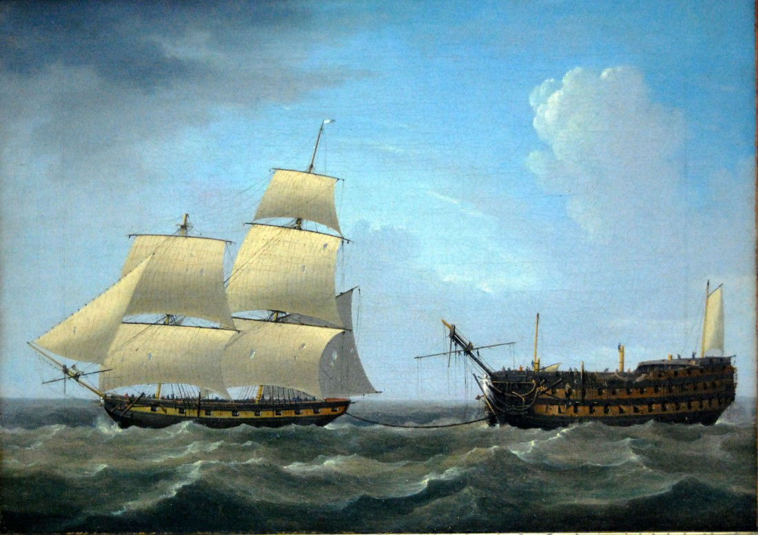 O/C Thomas Birch, 'Towing The Prize': Oil on canvas by Thomas Birch, unsigned, depicting a Naval Brig towing a Ship of the Line. Both have recently been in battle and the larger ship has lost all three masts while the Brig has lost only i