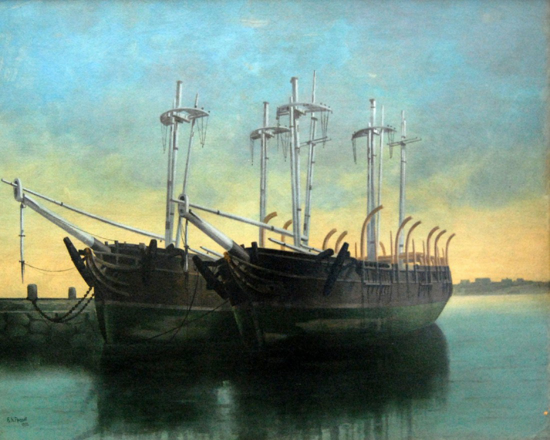 O/B by E.N. Russell, 'Whalers, New Bedfrod', 1906 : Oil on board by Edward N. Russell, American, 1852-1927. 'Whalers, New Bedford', signed and dated 1906. Russel bio: Born in West Tisbury, Martha's Vineyard, MA. Made three whaling voyages out of Edgart