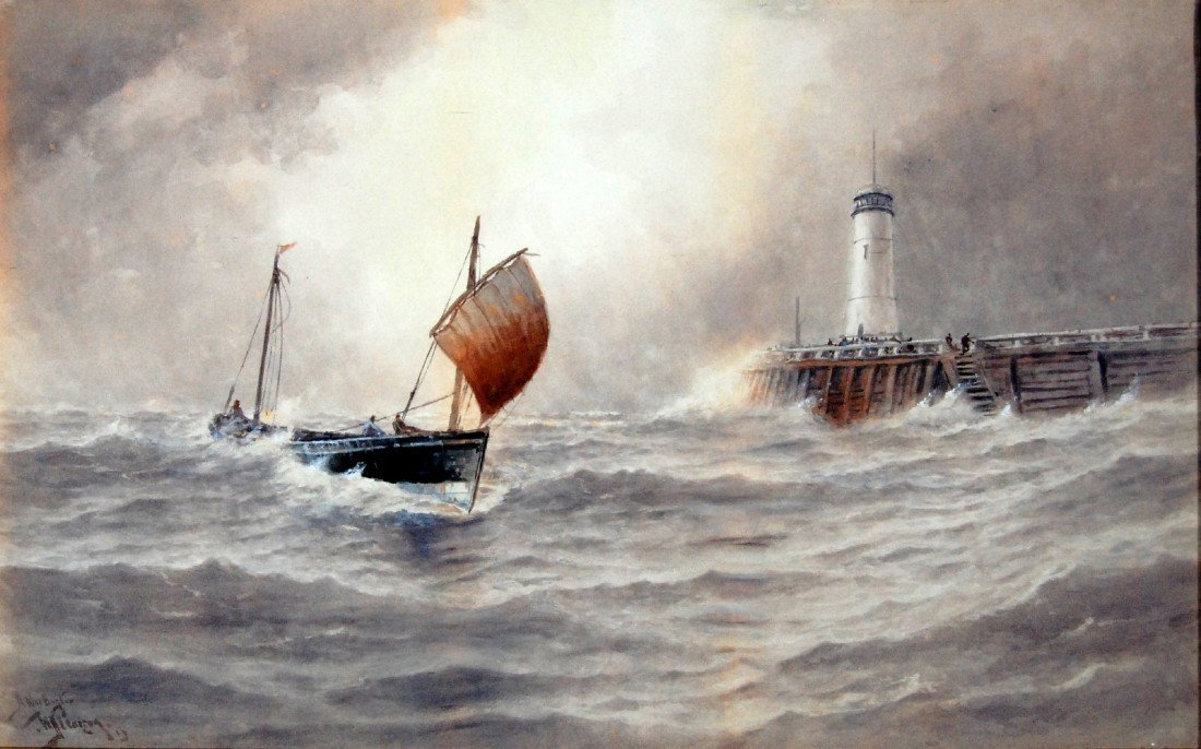W/C by W. Pearson, 'Quay & Fishing Vessel': Watercolor on paper by William Henry Pearson, titled by the artist above his signature "A Nor Easter" and depicting a fishing vessel making port, with a light house and pier. Signed and dated (19)13. 