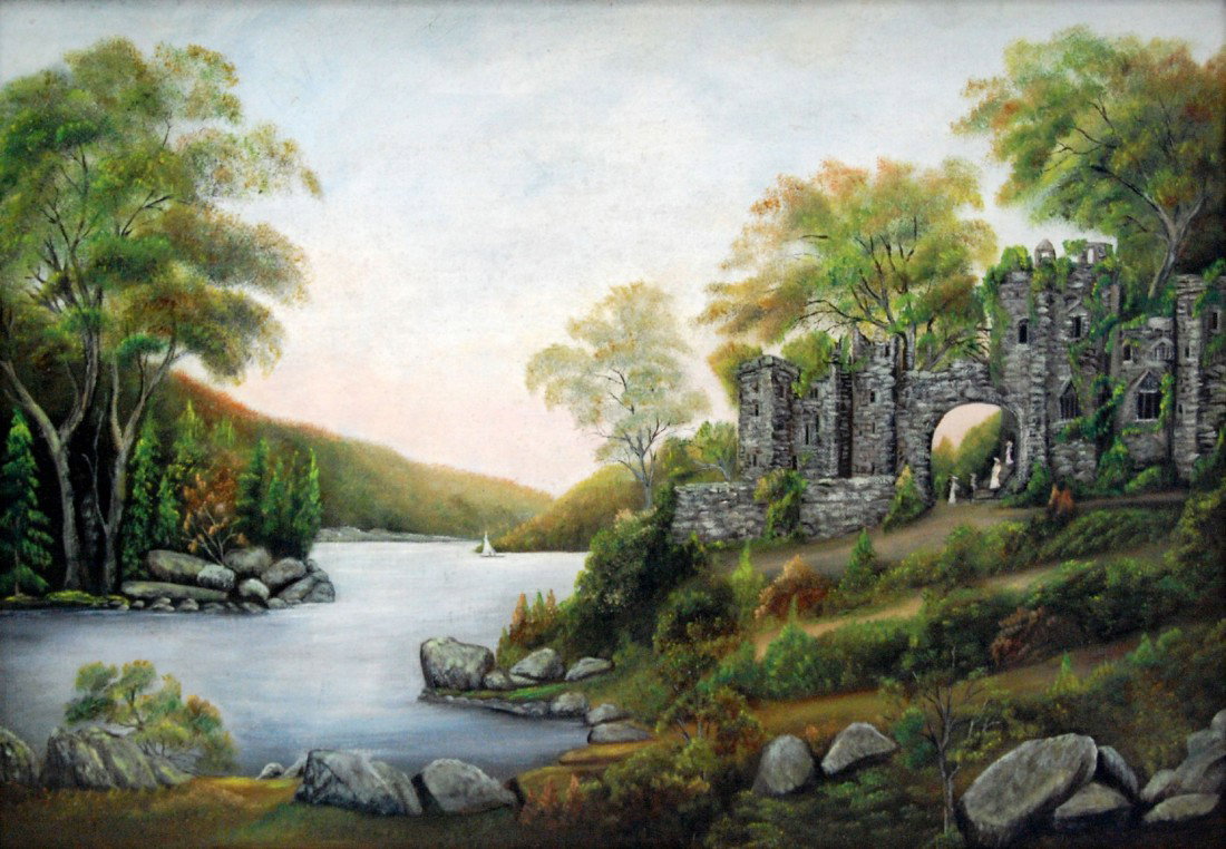 O/C Castle & Women w/ parasols unsigned.: Oil on canvas of a fanciful castle with archway under which appear women with parasols and some escorted by gentlemen in top hats. Original frame, circa 1890. Size of work: H. 14in x L. 20in and frame